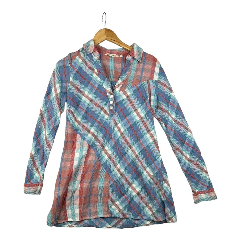 Soft Surroundings Multi Plaid Button Down Shirt size Small Blue/Red